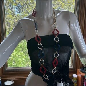 Vintage plastic red white blue and gold long necklace